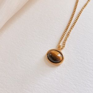 Gold plated stainless steel oval tiger eye necklace